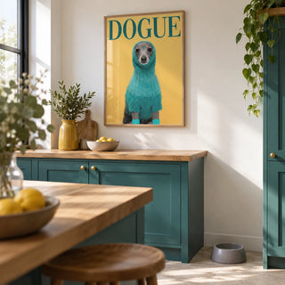 Cute Pet Wall Art, framed on the wall of a bright kitchen with teal cabinets and a white wall