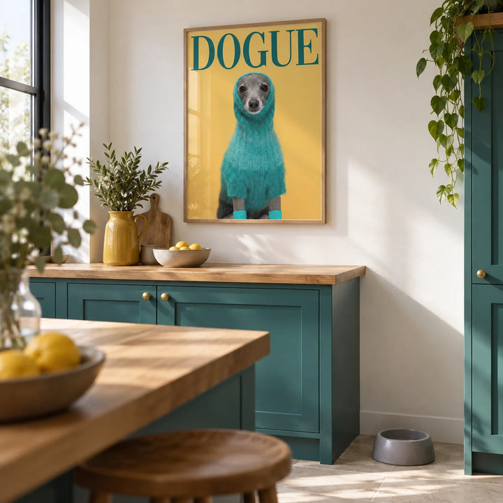 Cute Pet Wall Art, framed on the wall of a bright kitchen with teal cabinets and a white wall