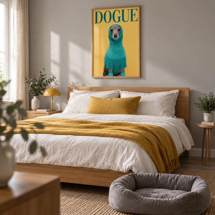 Cute Pet Wall Art, framed on the wall of a calm bedroom with a soft grey wall