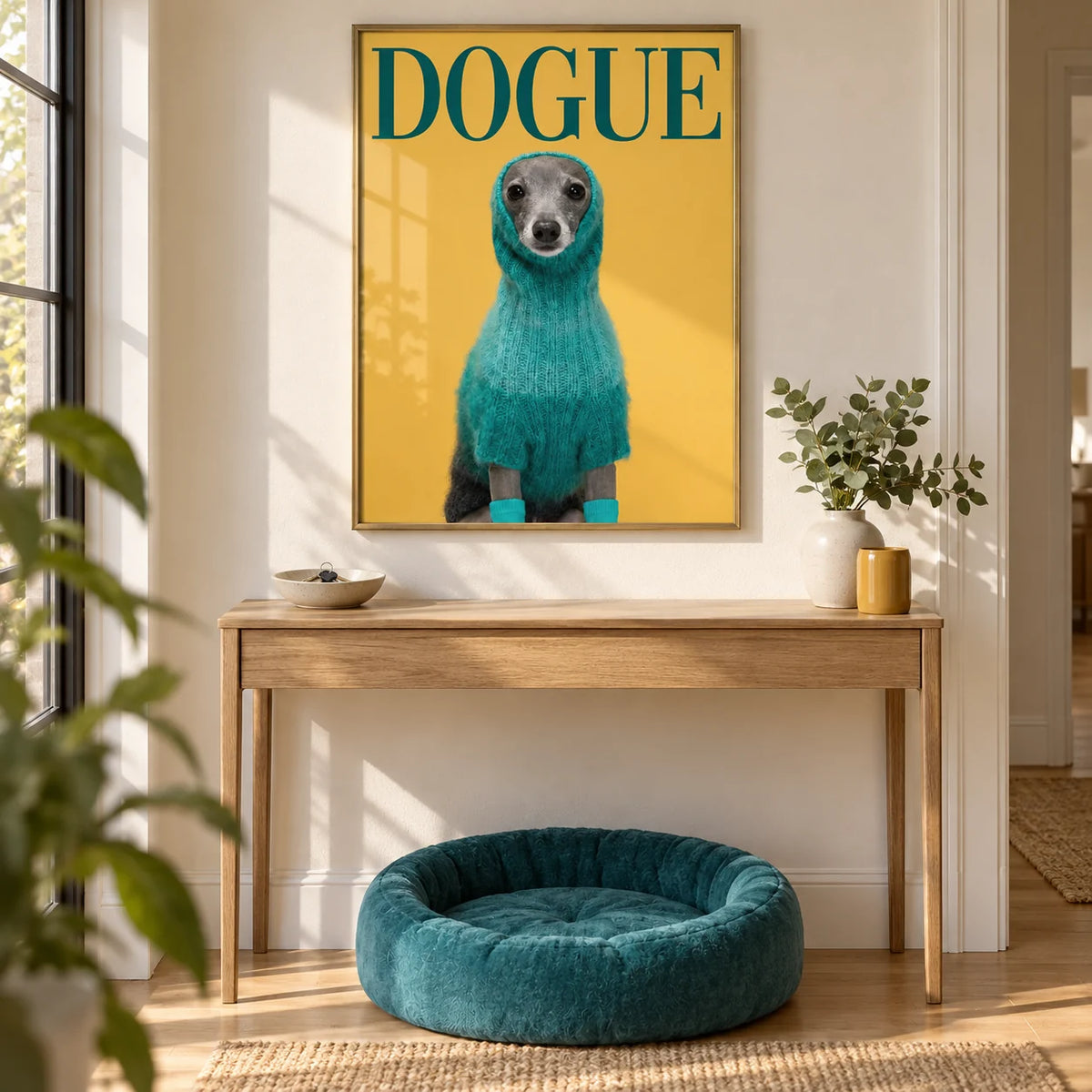 Cute Pet Wall Art, framed on the wall of a cheerful hallway with a warm white wall