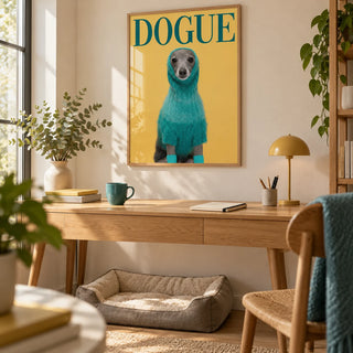 Cute Pet Wall Art, framed on the wall of a cosy home office with a warm white wall