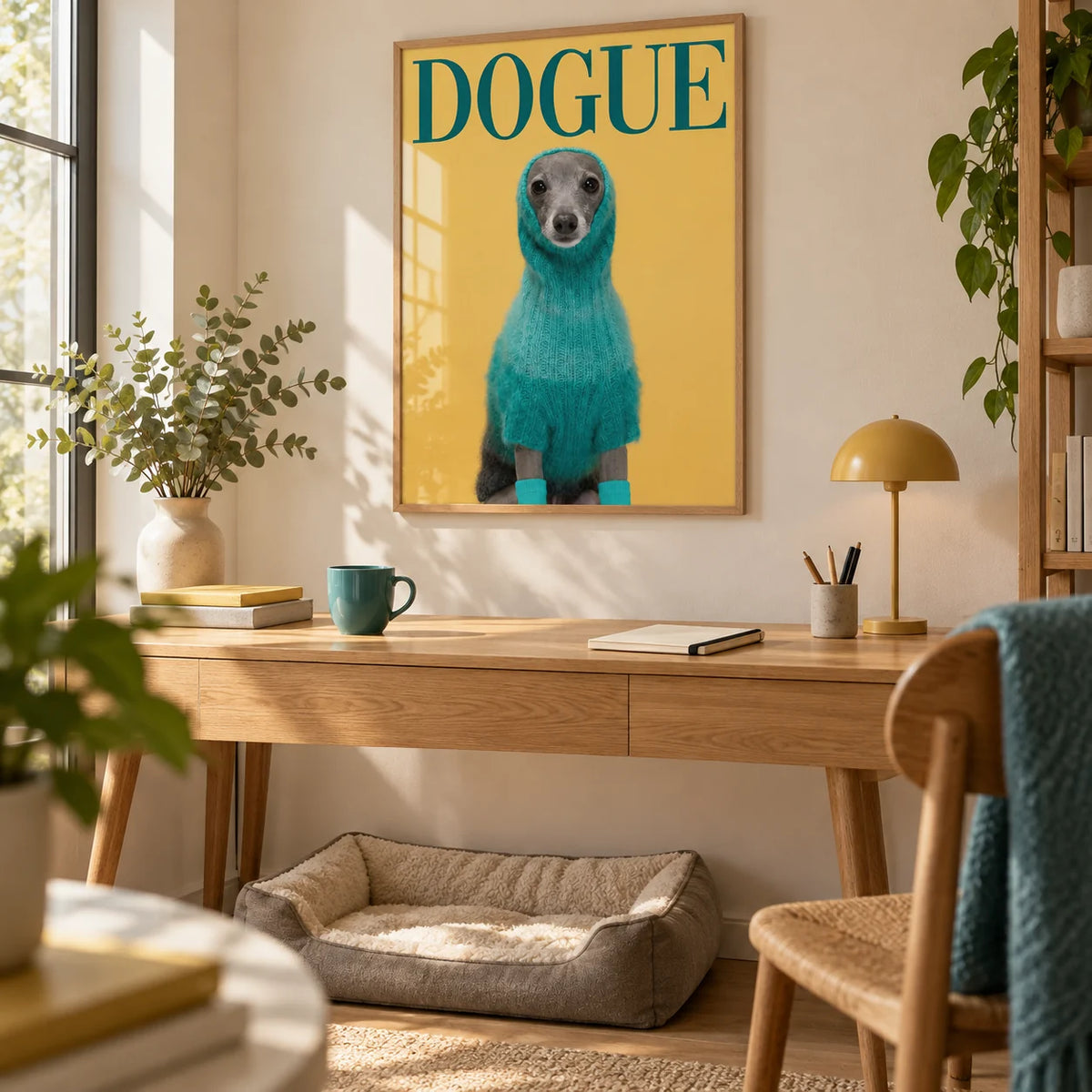Cute Pet Wall Art, framed on the wall of a cosy home office with a warm white wall
