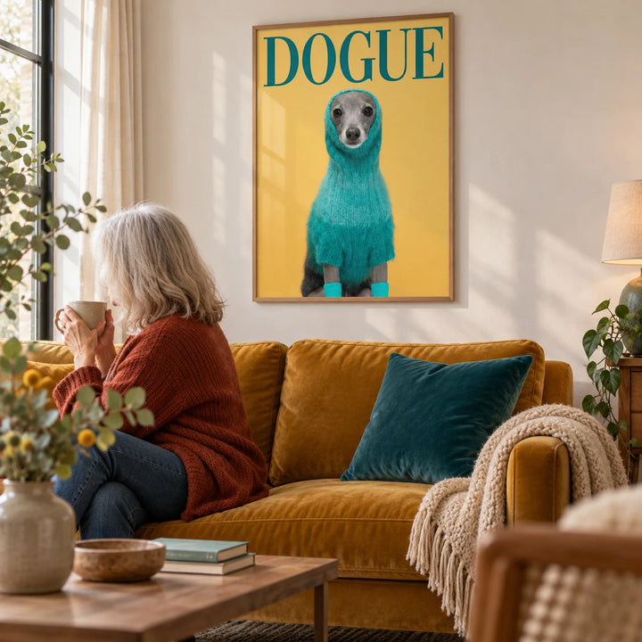 Cute Pet Wall Art, framed on the wall of a cosy living room with a soft white wall