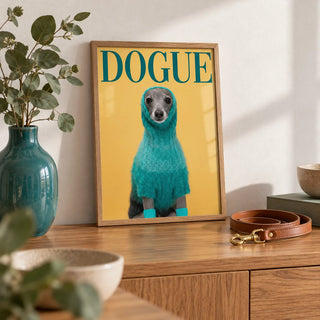 Cute Pet Wall Art, a small A4 framed print leaning on an oak sideboard in a living room