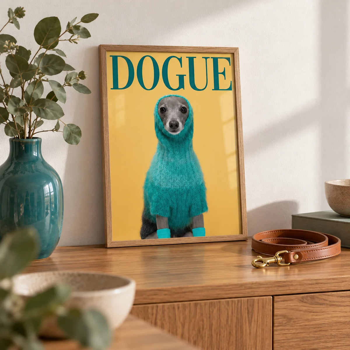 Cute Pet Wall Art, a small A4 framed print leaning on an oak sideboard in a living room
