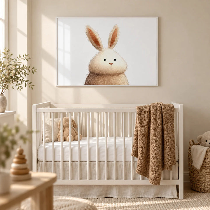 Cute Rabbit Wall Art, framed on the wall of a calm neutral nursery with a warm cream wall