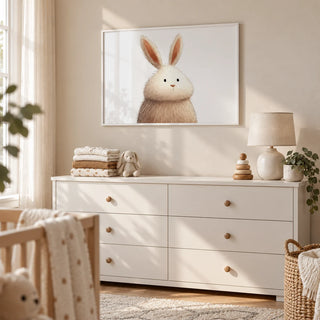 Cute Rabbit Wall Art, framed on the wall of a calm nursery with a cream wall