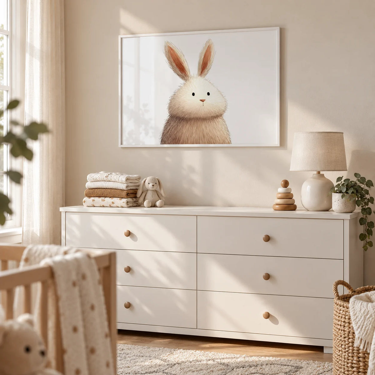 Cute Rabbit Wall Art, framed on the wall of a calm nursery with a cream wall