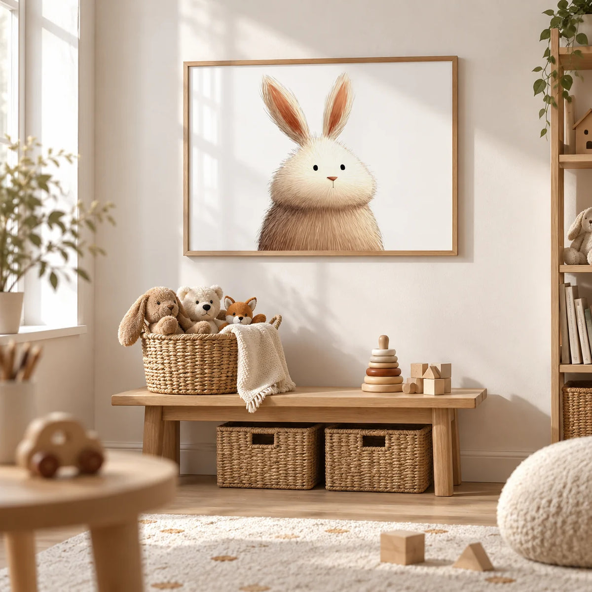 Cute Rabbit Wall Art, framed on the wall of a calm playroom with a white wall