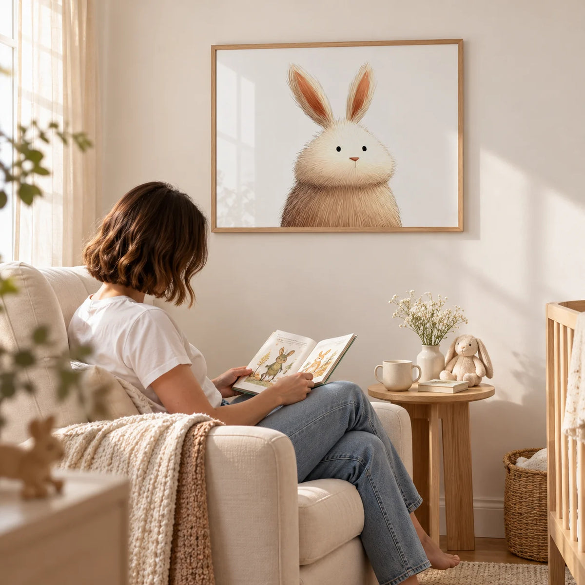 Cute Rabbit Wall Art, framed on the wall of a nursery feeding corner with a soft white wall