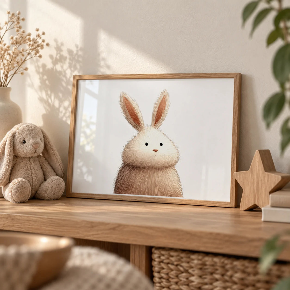 Cute Rabbit Wall Art, a small A4 framed print leaning on an oak shelf in a living room
