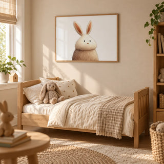 Cute Rabbit Wall Art, framed on the wall of a toddler's bedroom with a pale tan wall