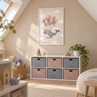 Moon And Sun Print, framed on the wall of a bright attic playroom in a UK family home with sloping white ceilings and a warm beige end wall