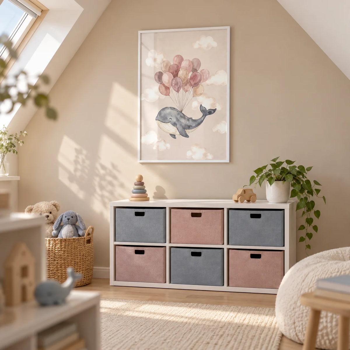 Moon And Sun Print, framed on the wall of a bright attic playroom in a UK family home with sloping white ceilings and a warm beige end wall
