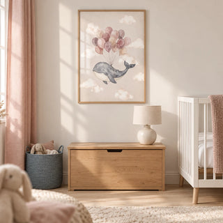 Moon And Sun Print, framed on the wall of a calm Scandi nursery in a UK family home with warm white walls and pale oak floorboards