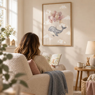 Moon And Sun Print, framed on the wall of a cosy nursery reading corner in a UK family home with a warm cream wall