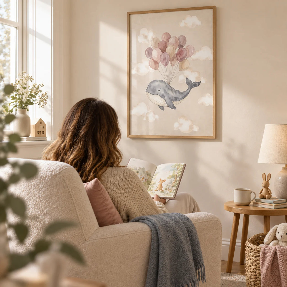 Moon And Sun Print, framed on the wall of a cosy nursery reading corner in a UK family home with a warm cream wall