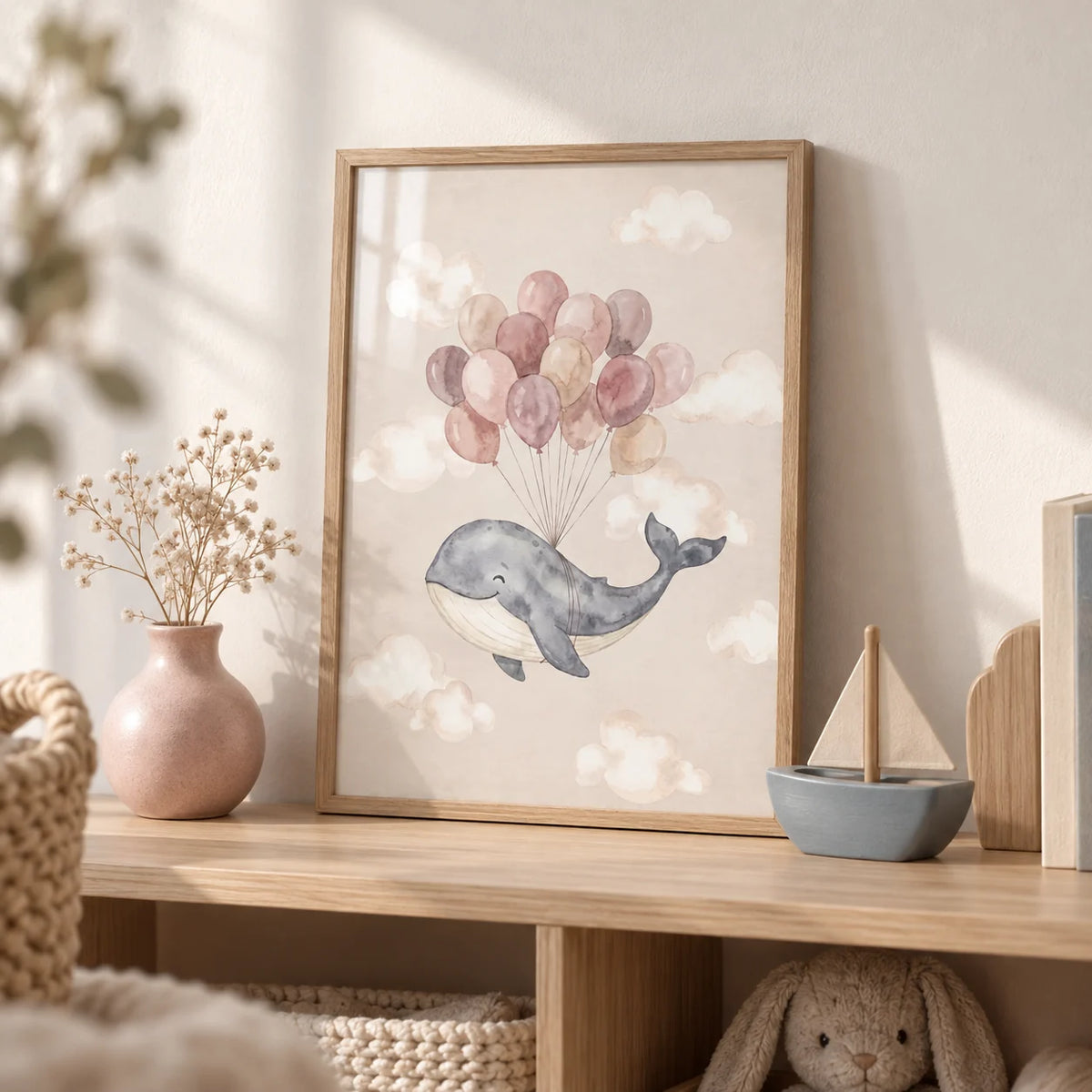 Moon And Sun Print, a small A4 framed print leaning on a pale oak nursery bookshelf