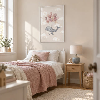 Moon And Sun Print, framed on the wall of a softly styled young child's single bedroom in a UK terraced house with a pale beige wall
