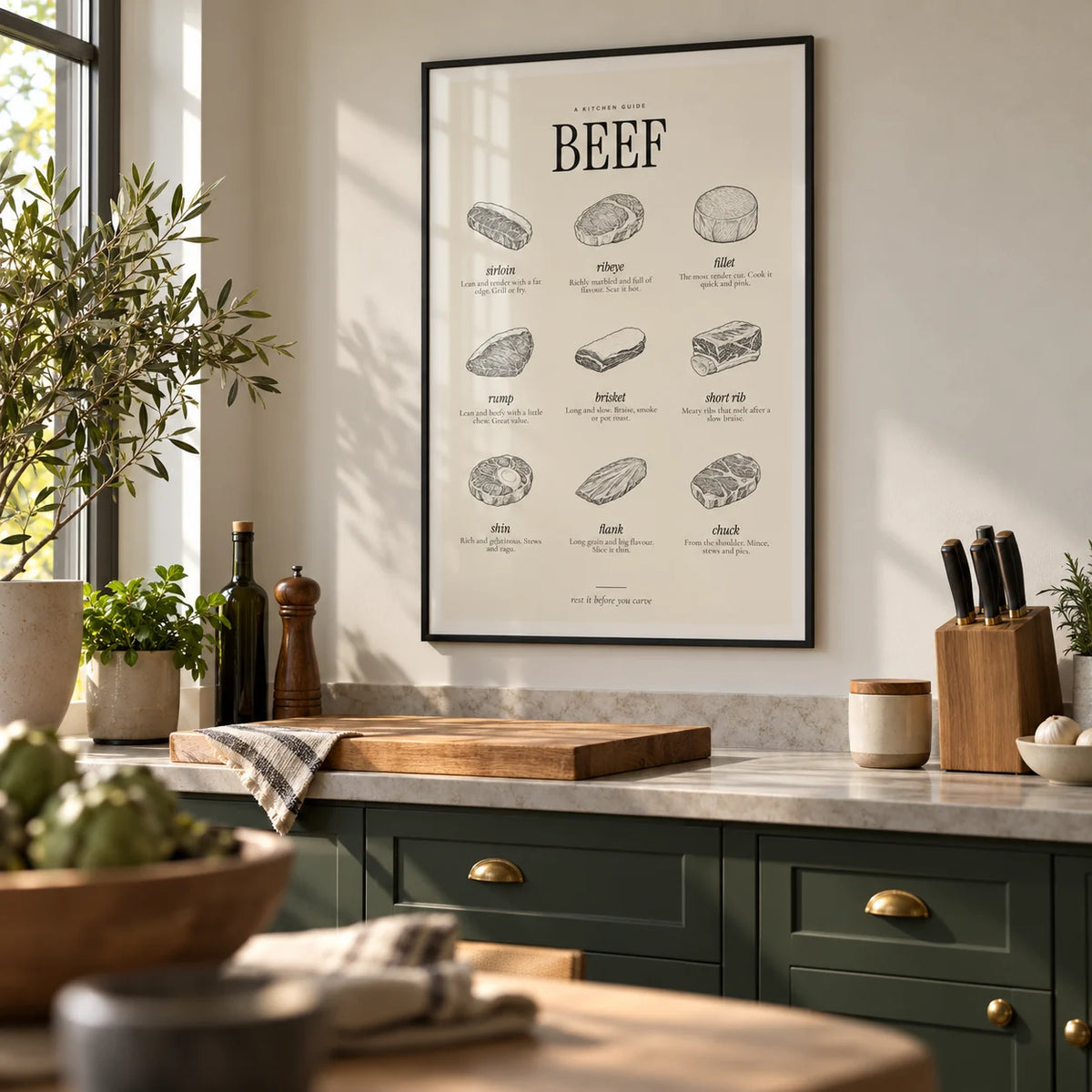 Cuts of Beef Print, framed on the wall of a calm modern kitchen with dark green cabinets