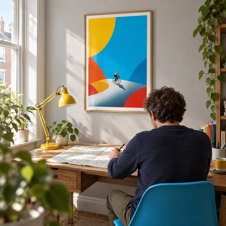 Cycling Art Print, framed on the wall of a bright home study in a UK terraced house with a pale grey wall