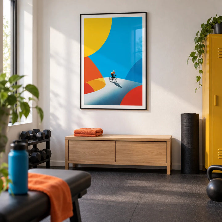 Cycling Art Print, framed on the wall of a compact home exercise room in a UK house with a white wall and plain rubber flooring