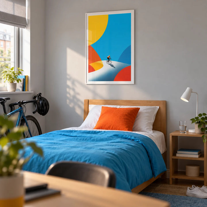 Cycling Art Print, framed on the wall of a graphic single bedroom for a cycling enthusiast aged 18-25 in a UK shared house with a pale grey wall