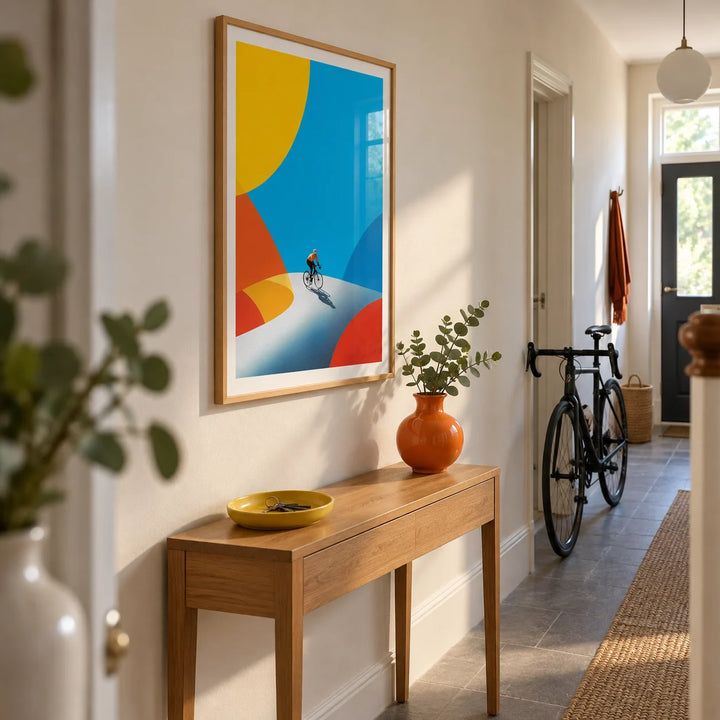 Cycling Art Print, framed on the wall of a modern entrance hallway in a UK terraced house with a warm white wall and a grey stone floor
