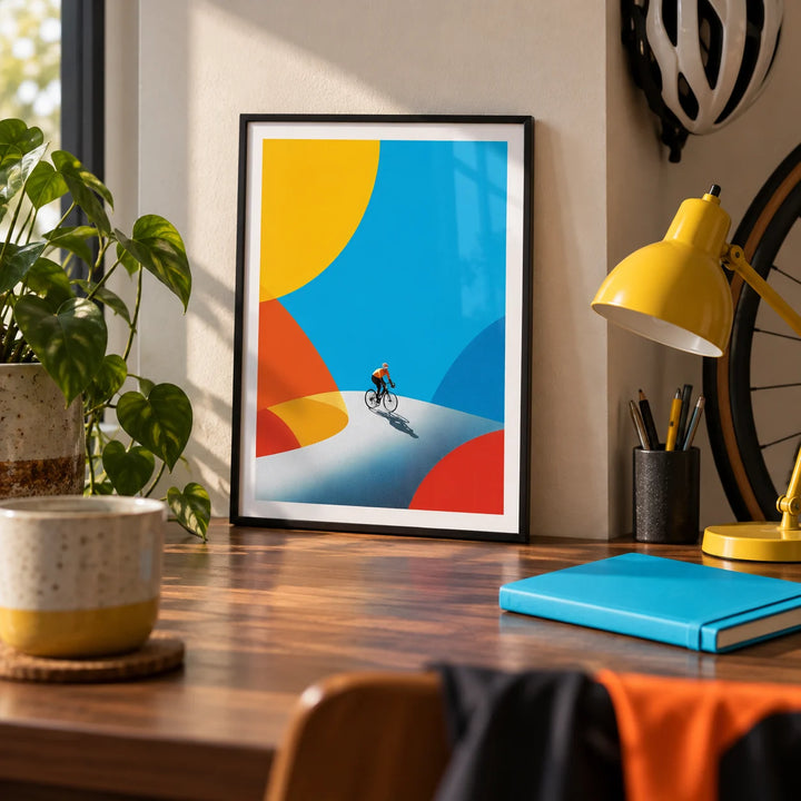 Cycling Art Print, a small A4 framed print leaning on a walnut desk