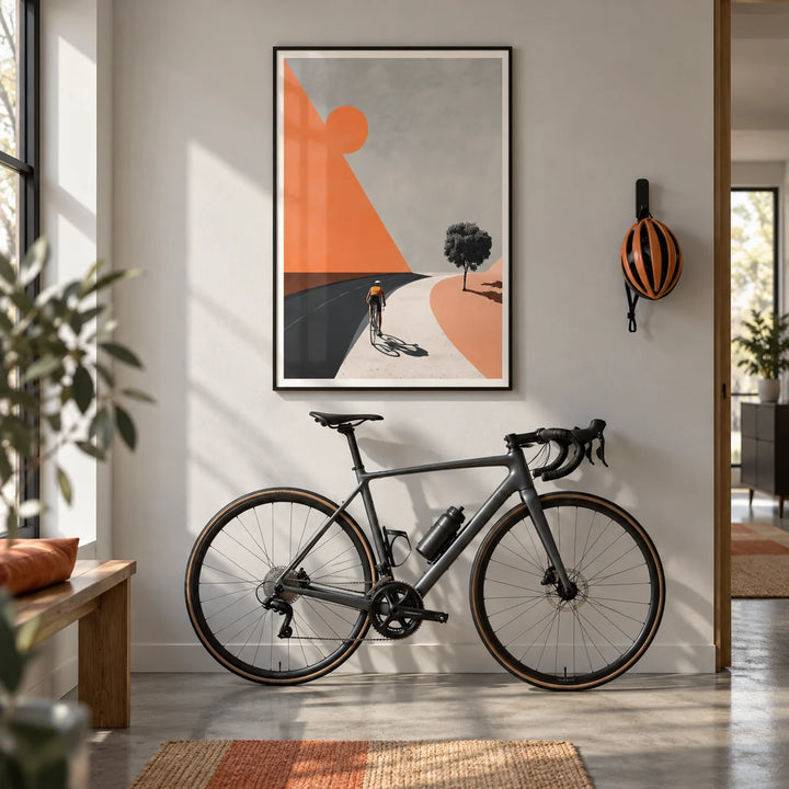 Cycling Landscape Art Print, framed on the wall of a modern hallway with a pale grey wall and polished concrete floor