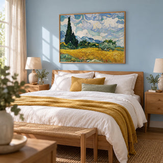 Cypress Tree Landscape, framed on the wall of a calm bedroom with a pale sky blue painted wall