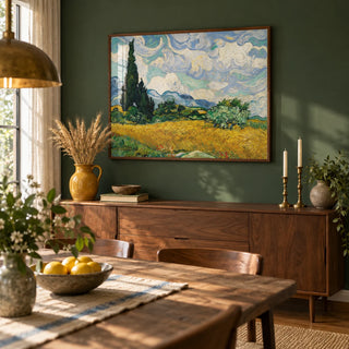 Cypress Tree Landscape, framed on the wall of a characterful dining room with a deep green painted wall