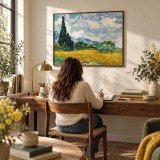 Cypress Tree Landscape, framed on the wall of a warm study with a cream wall