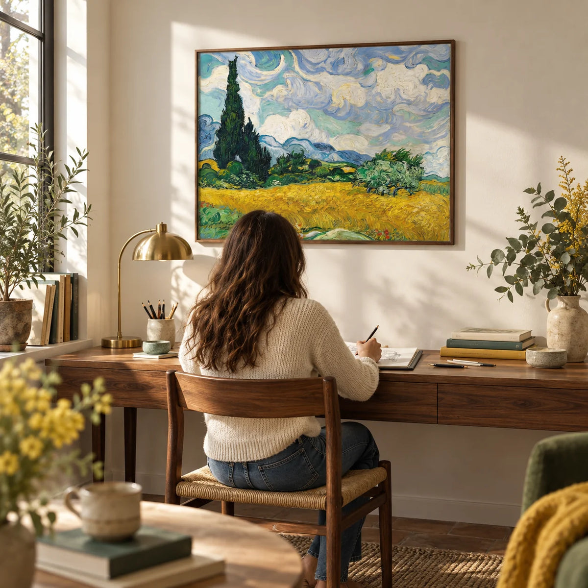 Cypress Tree Landscape, framed on the wall of a warm study with a cream wall