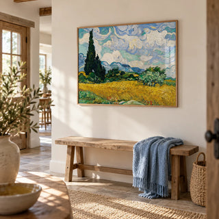 Cypress Tree Landscape, framed on the wall of a wide country hallway with a warm white wall