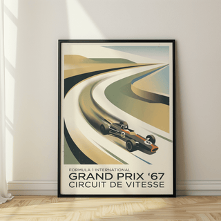 Angled motorsport wall poster showing number 5 car in green beige gray palette
