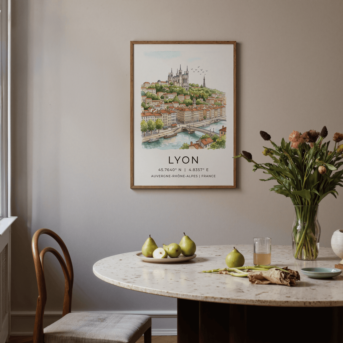 Detailed river quay section from Lyon City Art Print showing boats