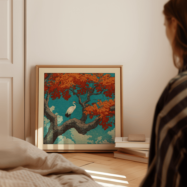 Full composition of crane on branch framed by dense foliage and blue atmosphere
