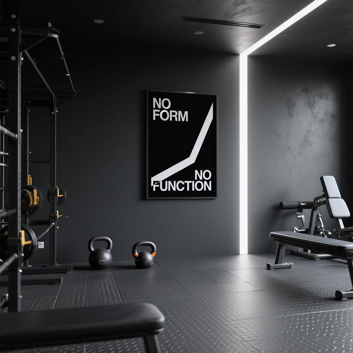 Home gym workout room wall art with bold fitness quote.