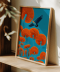 Japandi Bird Print displaying Blue and Red, chic kitchen wall poster