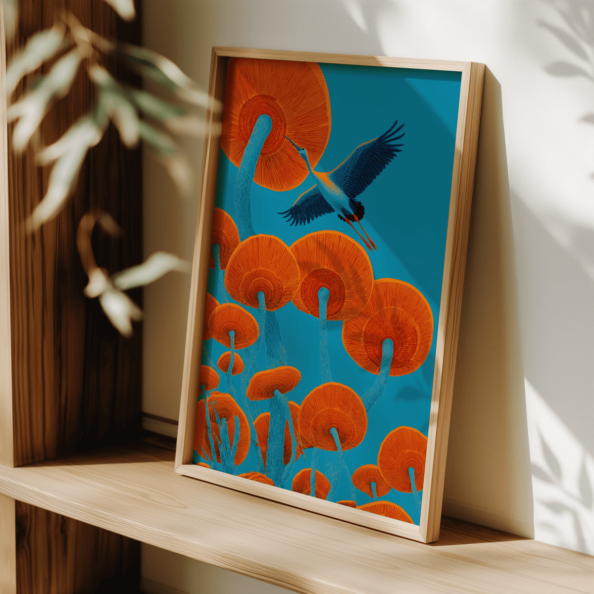 Japandi Bird Print displaying Blue and Red, chic kitchen wall poster