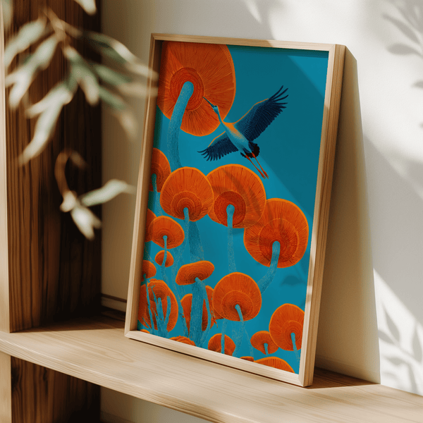 Japandi Bird Print displaying Blue and Red, chic kitchen wall poster