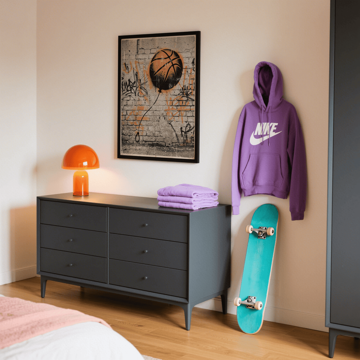 Shown as a basketball graffiti poster print with balloon-like string detail on a brick backdrop