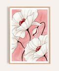Botanical Floral Art Print of ink poppy blooms with watercolor wash