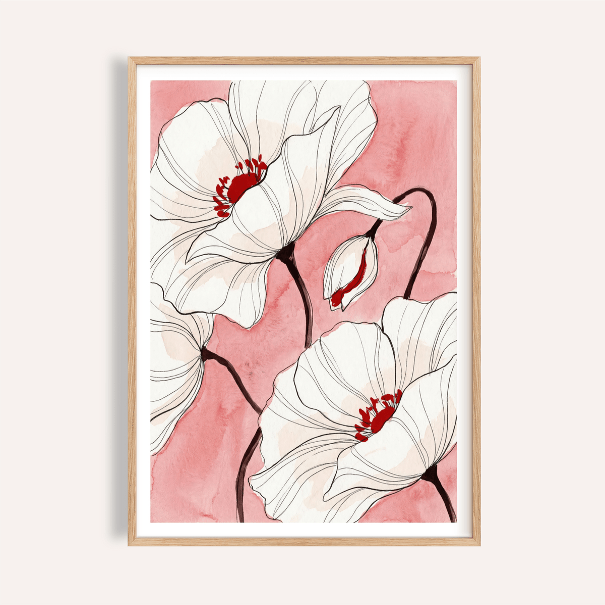 Botanical Floral Art Print of ink poppy blooms with watercolor wash
