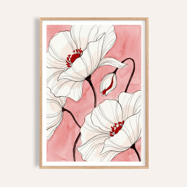 Botanical Floral Art Print of ink poppy blooms with watercolor wash