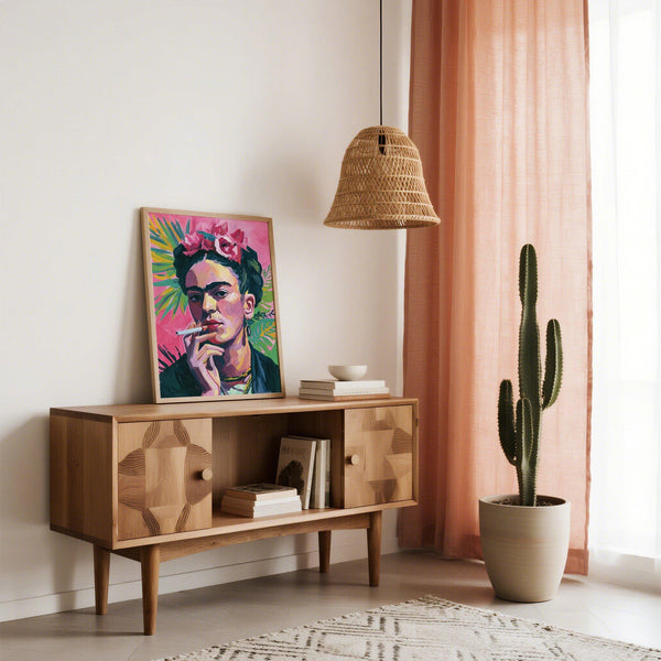 Hand-painted style Frida Kahlo painting with strong brushwork and lush background.