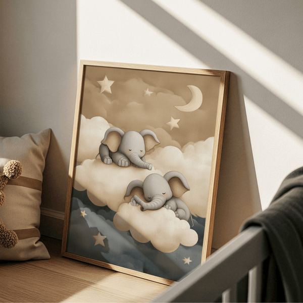 Whimsical gray and beige Baby Elephants Nursery Art for child's nursery decor