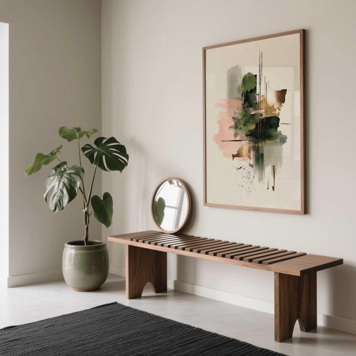 Beige background Pink and Green Print suitable for entryway as wall art, with Pink and Gold details.