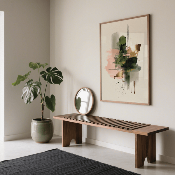 Beige background Pink and Green Print suitable for entryway as wall art, with Pink and Gold details.